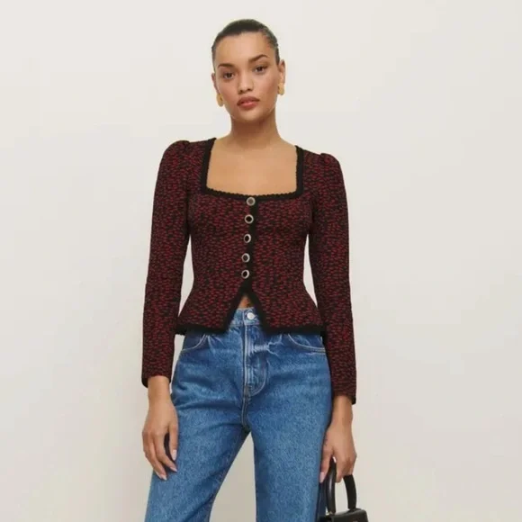 NWT Reformation Nikky Lace Trim Button Long Sleeve Top French Kiss Black Red 2 - Picture 3 of 6